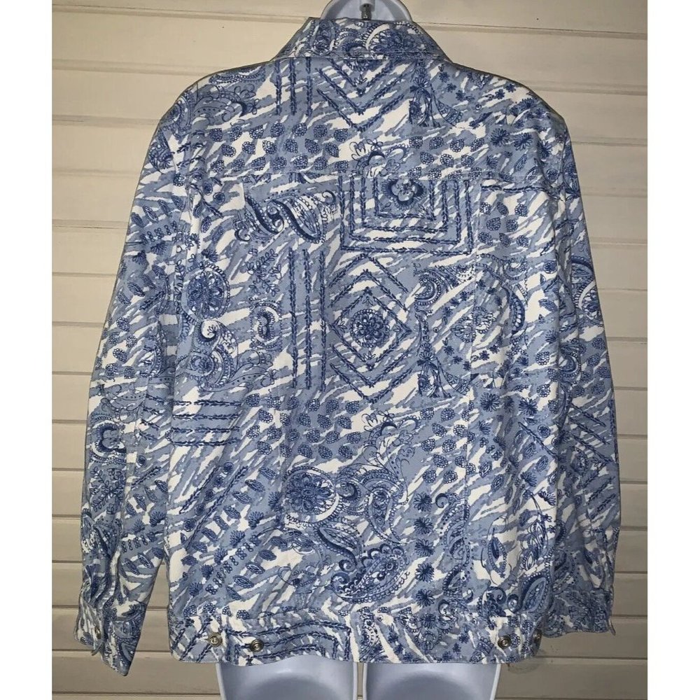 Alfred Dunner Sz 12 Blue White Paisley Geo Print Cotton Trucker Jacket EUC - Picture 6 of 10